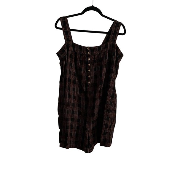Lou & Grey Women M Black Brown Plaid Textured Square Neck Button Front Romper - Picture 1 of 11